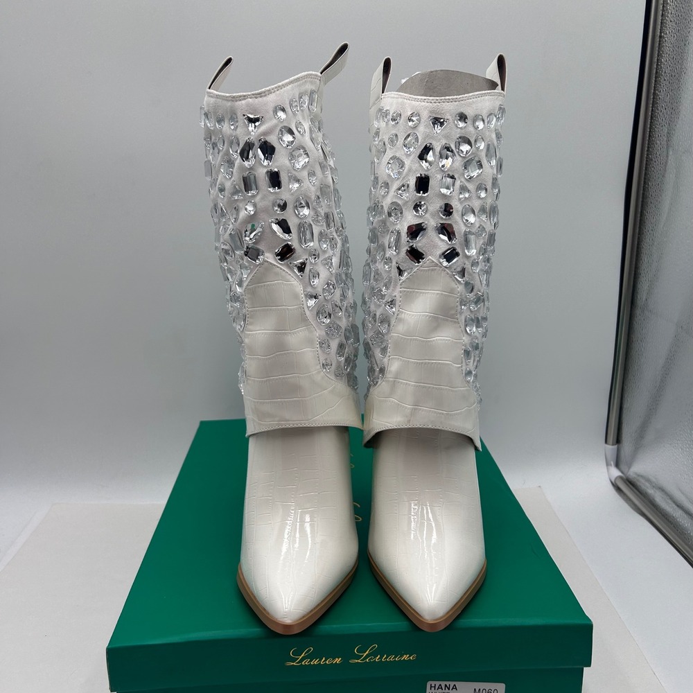Lauren Lorraine Hana White Crystal Embellished Pointed Toe Western Boots Size 6